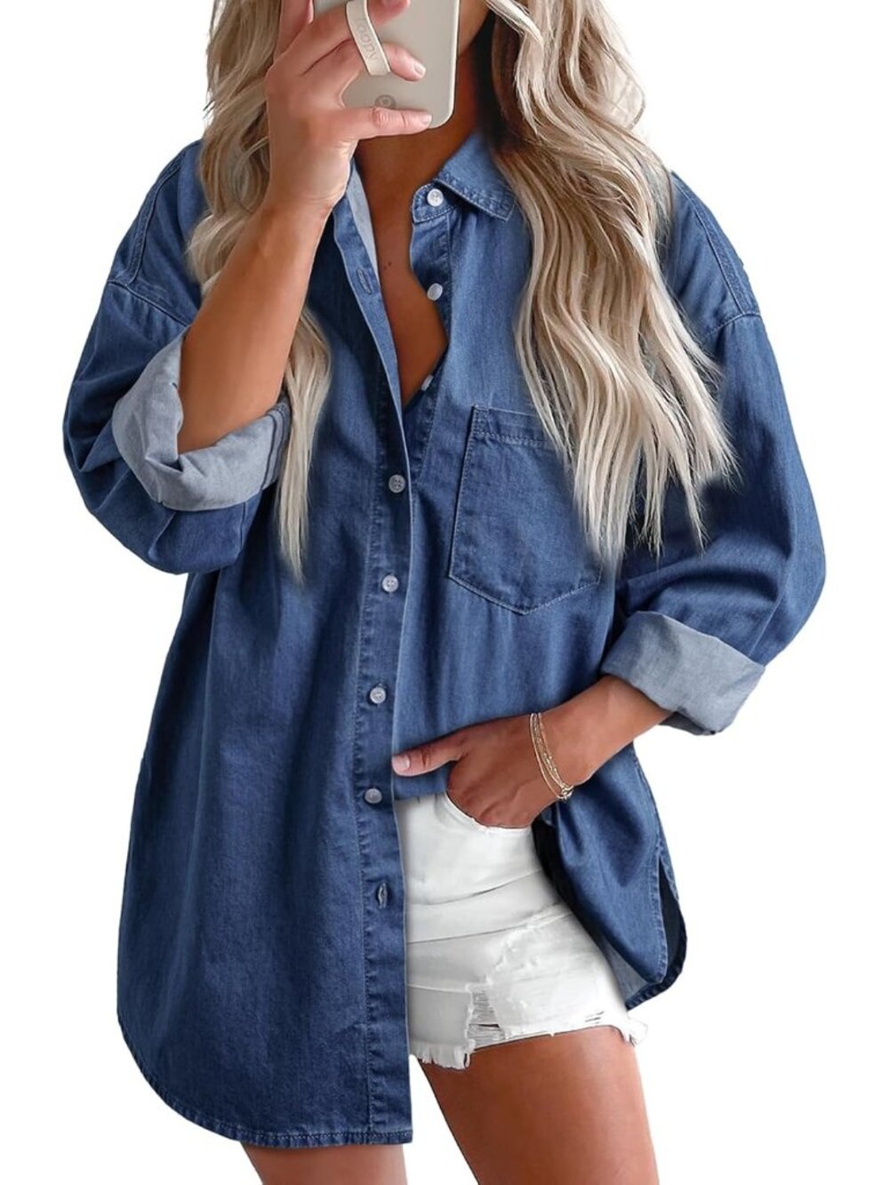 Womens Navy Blue V Neck Long Sleeve Button Down Casual Jean Top Blouse Shirt